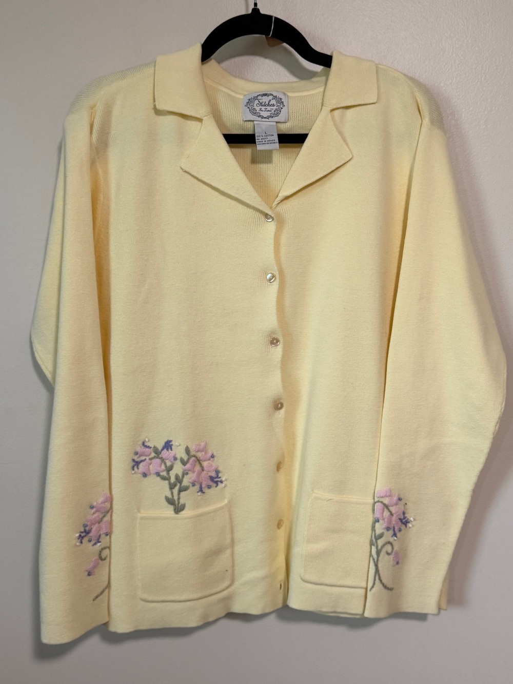 vintage Stitches knit butter yellow floral embroidered button pocket cardigan L